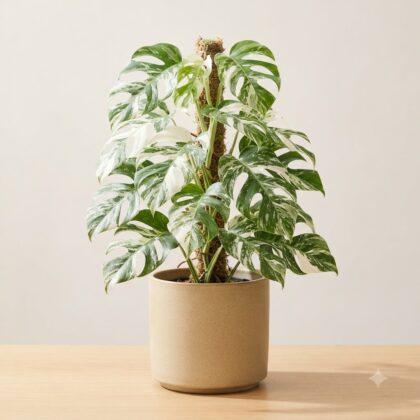 Epipremnum Pinnatum Marble Plant climbing a moss pole in a beige ceramic pot on a wooden table.