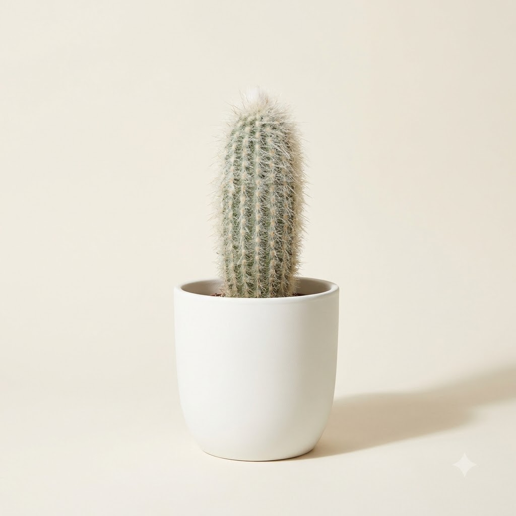 Espostoa lanata cactus with white hair-like spines in a smooth white pot.