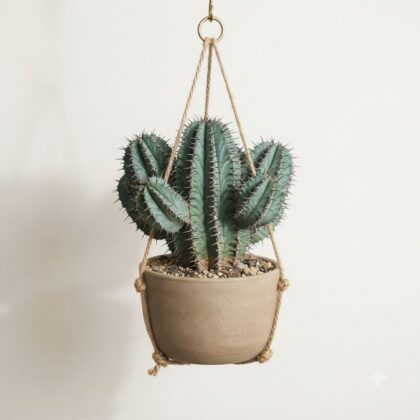 Euphorbia horrida hanging cactus in a round pot with twine ropes against a white background.