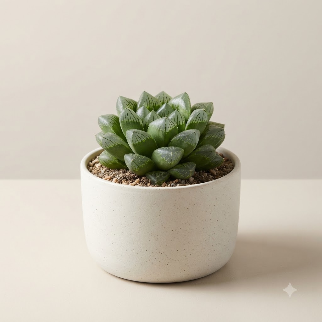 Haworthia magnifica succulent in a speckled white ceramic pot against a neutral background.