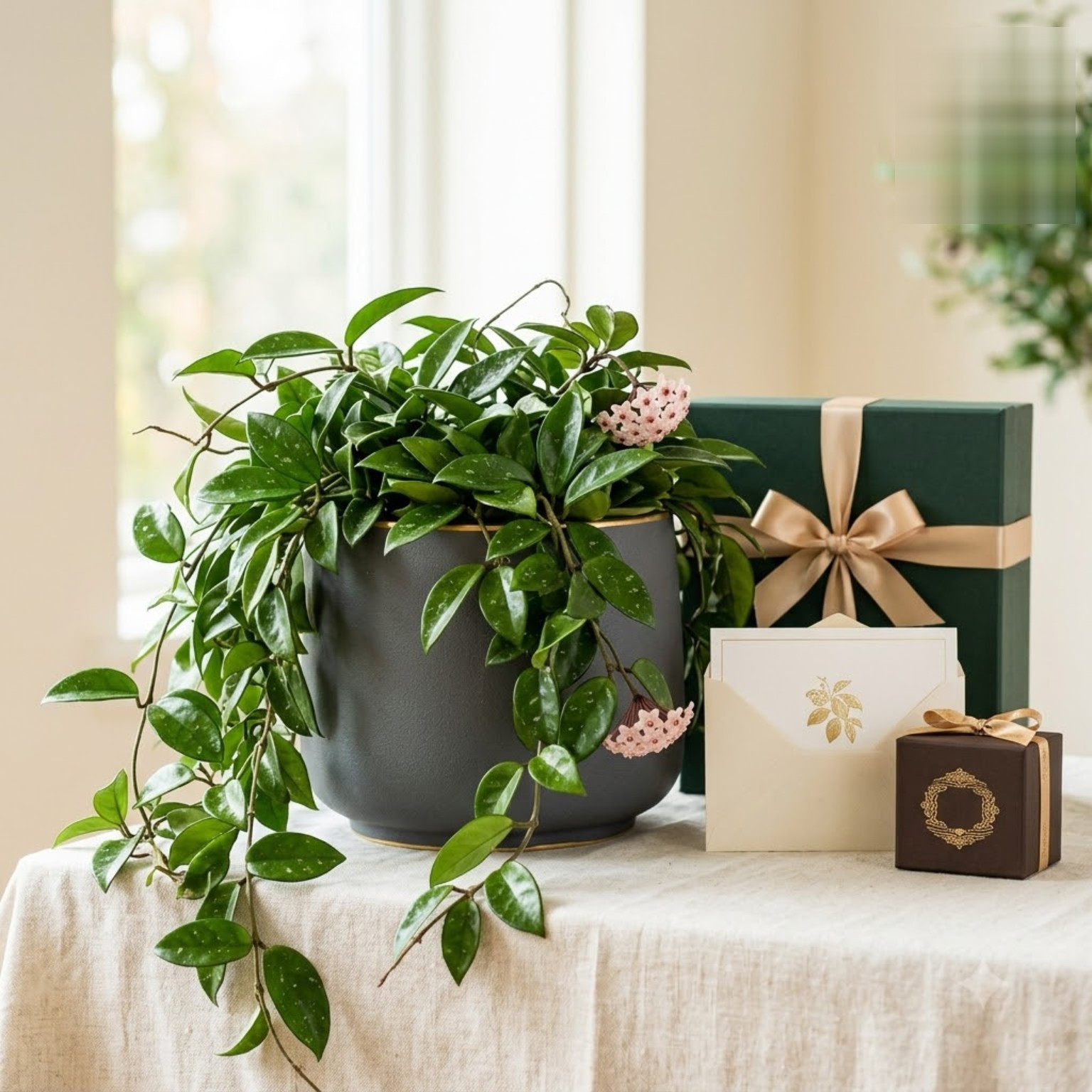 Hoya carnosa in a dark planter, accompanied by wrapped gifts and an envelope on a table.