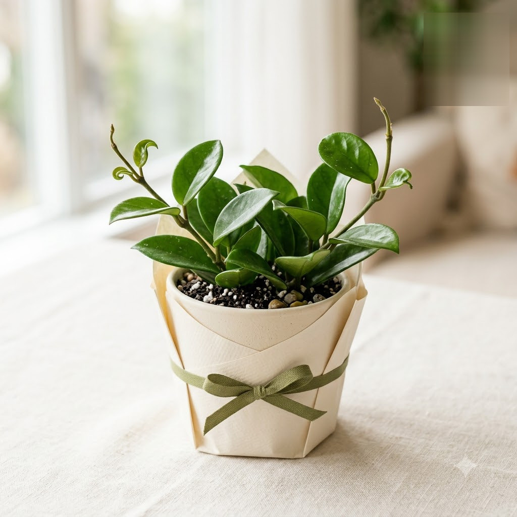 Hoya carnosa plant in a beige pot wrapped with paper and a green ribbon.