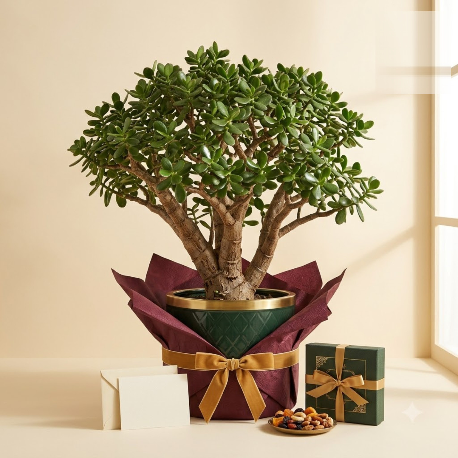 Jade plant in a decorative pot wrapped in dark paper with a bow, accompanied by a card and a small gift box.