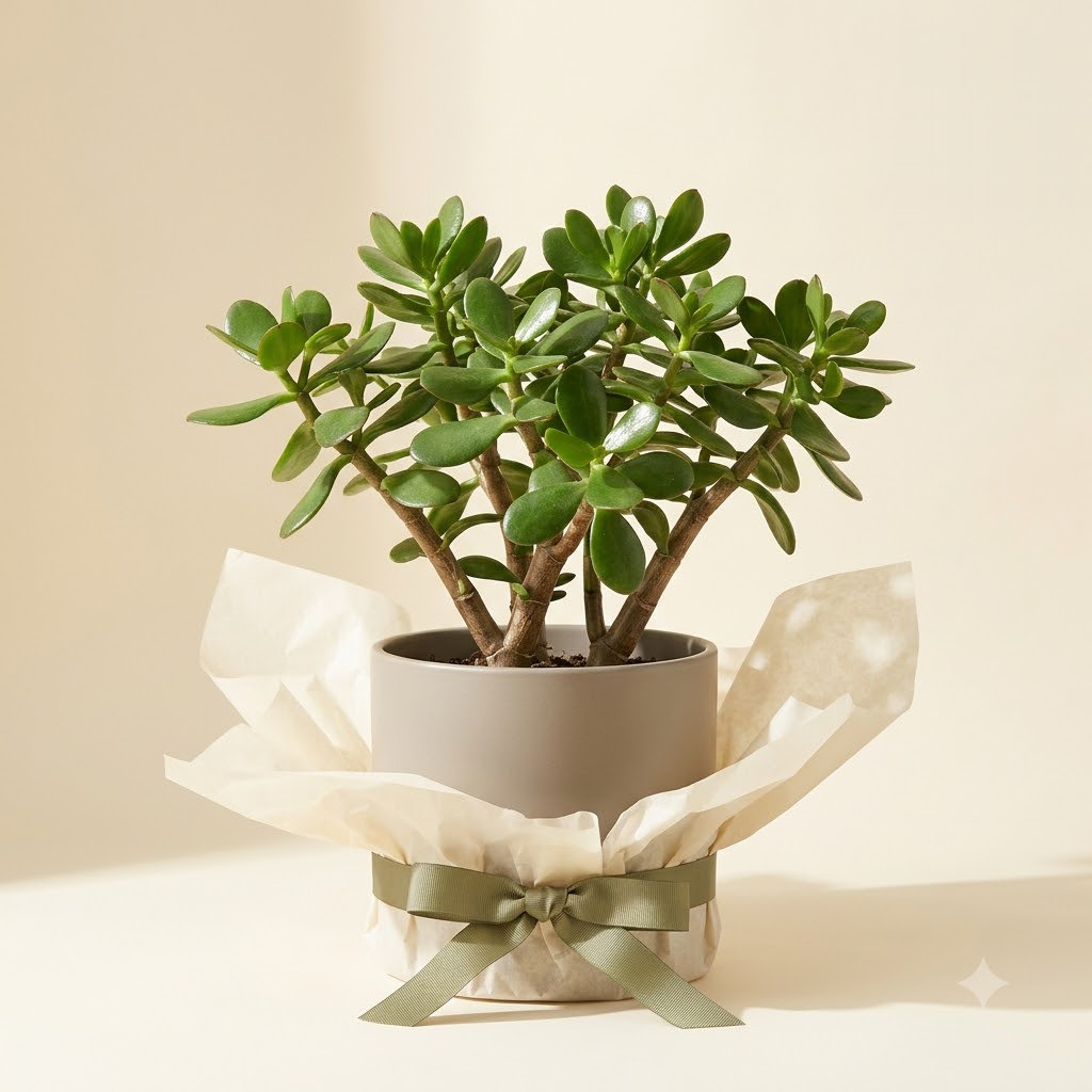Jade plant in a grey ceramic pot wrapped in tissue paper and tied with a green ribbon.