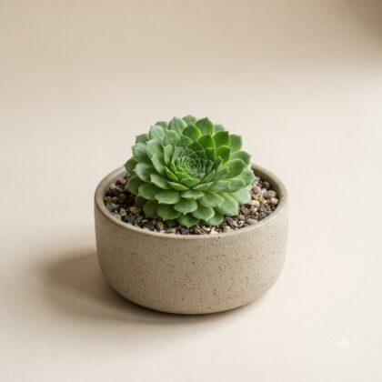Green Lakshmi Kamal succulent plant in a beige ceramic pot on a neutral background.