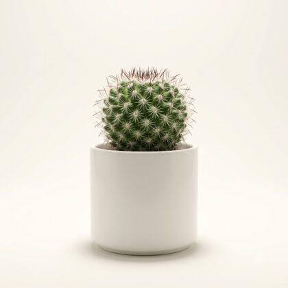 A round Mammillaria lindsayi cactus in a white cylindrical pot against a neutral background.