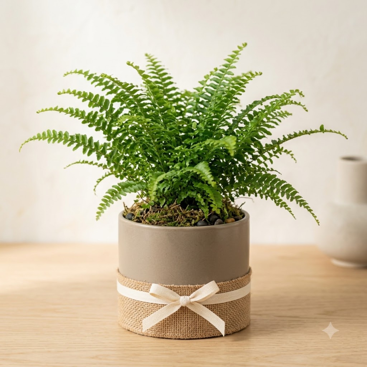 Mini fern in a gray ceramic planter wrapped with burlap and tied with a white bow.