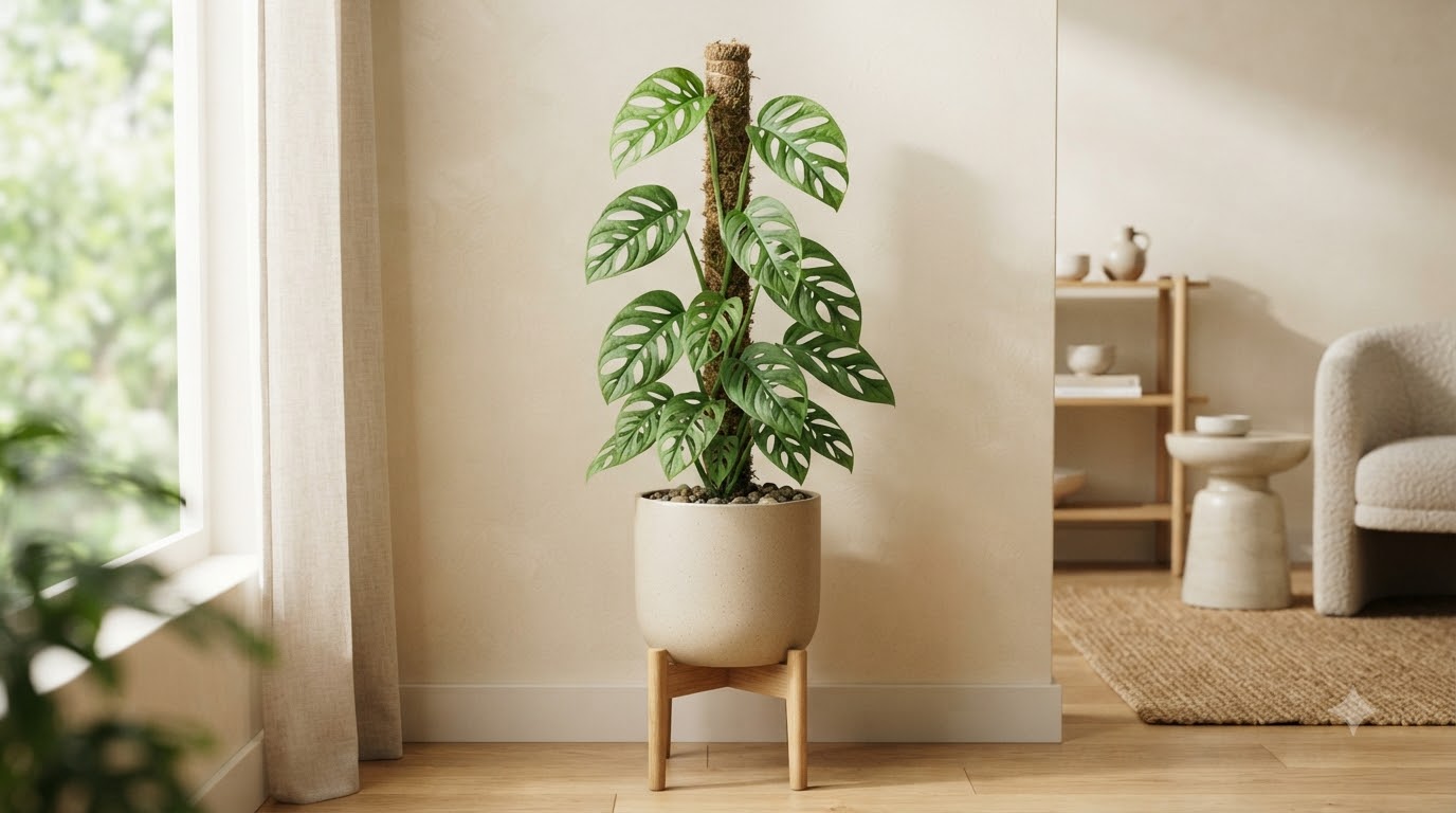 Monstera plant with fenestrated leaves growing up a moss pole in a ceramic pot on a wooden stand indoors.