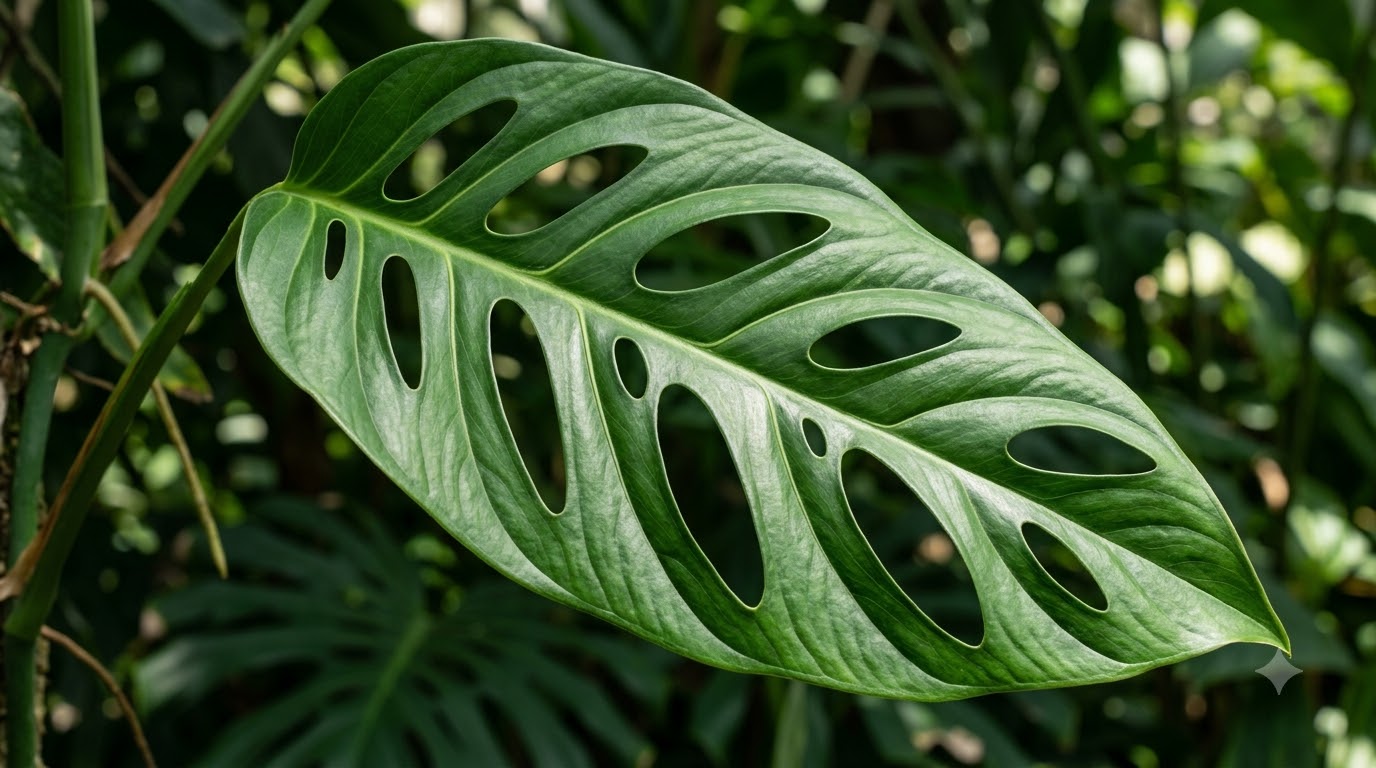 Close-up of a vibrant green Monstera obliqua leaf with natural fenestrations against a blurred green background.
