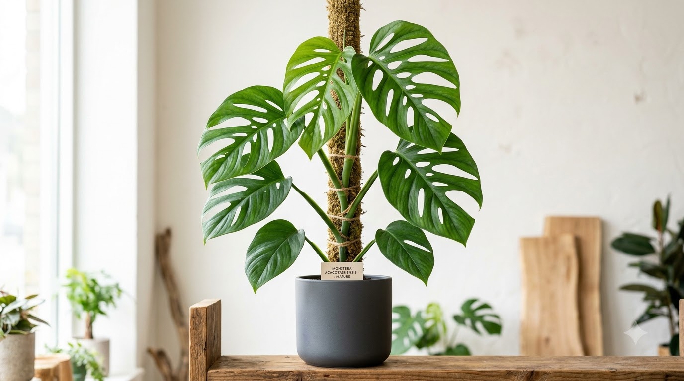 Monstera plant with large fenestrated leaves climbing a moss pole in a dark pot on a wooden shelf.