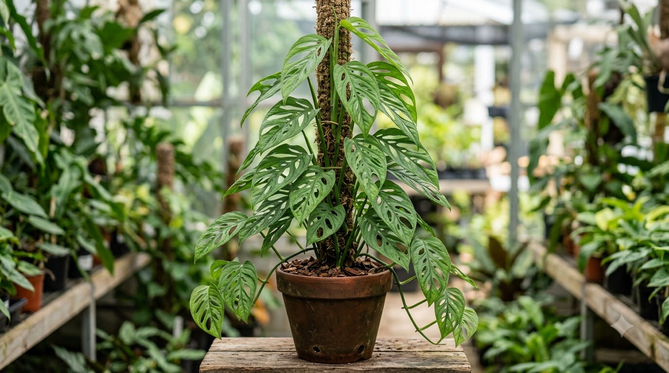 Monstera plant with characteristic leaf holes climbing a moss pole in a terracotta pot inside a greenhouse.