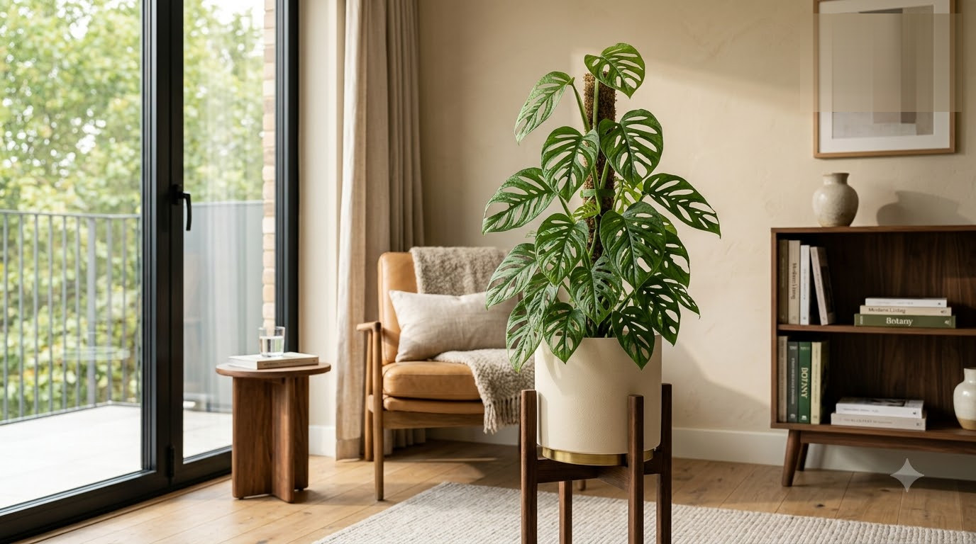 Monstera plant in a light ceramic pot on a wooden plant stand in a cozy living room.