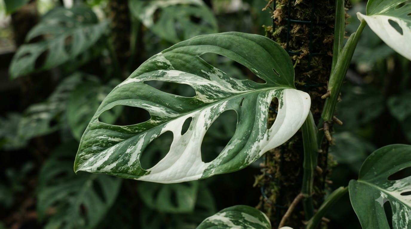 Close-up of a variegated Monstera leaf with natural holes and white-and-green patterns climbing a moss pole.