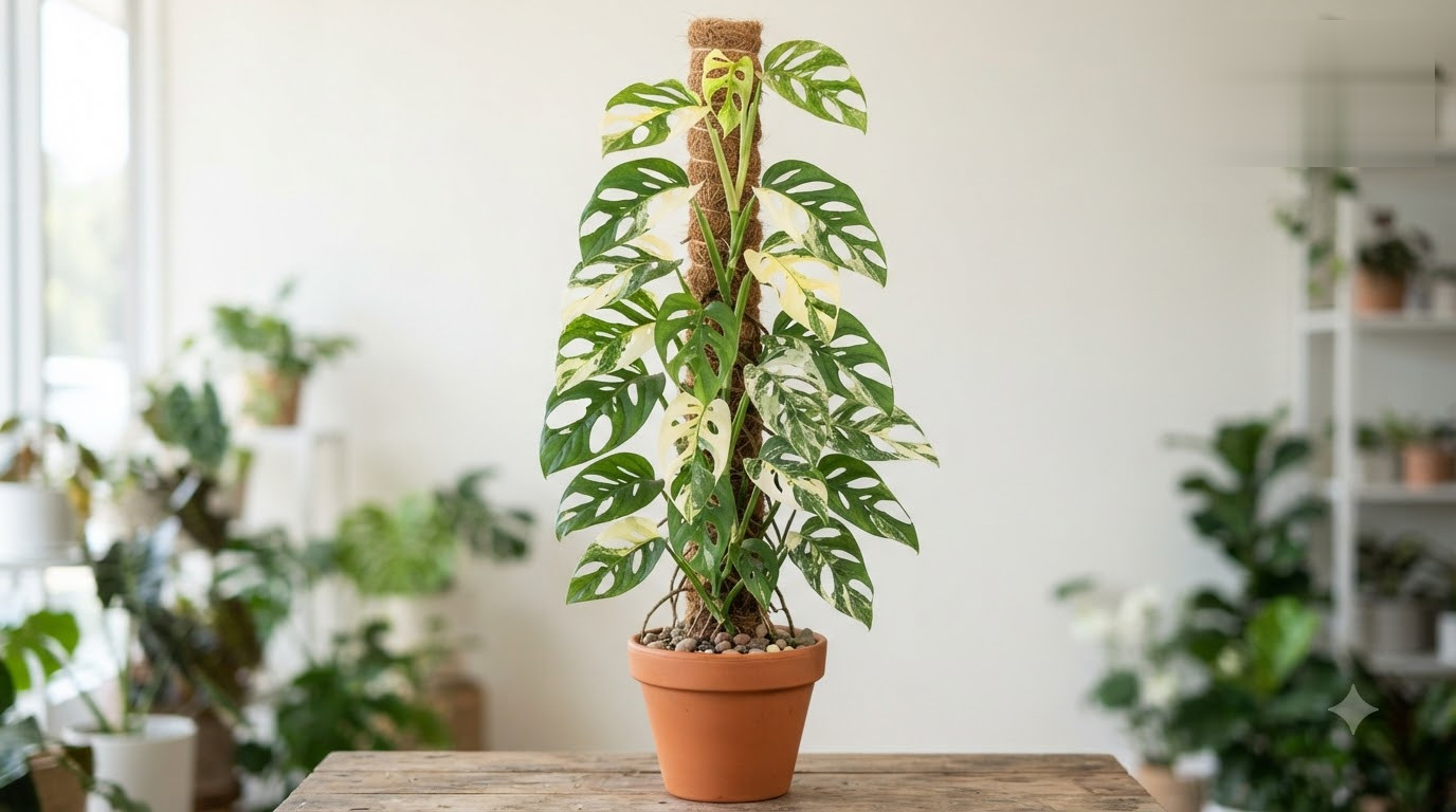 Variegated Monstera plant climbing a moss pole in a terracotta pot on a wooden table.