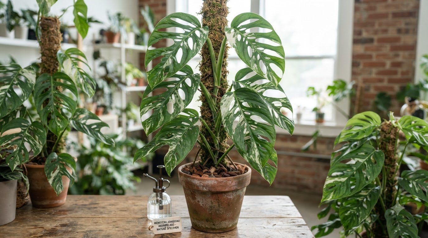 Variegated Monstera Adansonii climbing a moss pole in a terracotta pot on a wooden table.
