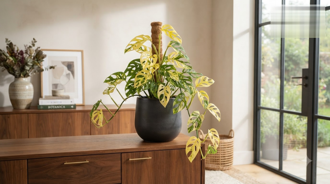 Variegated Monstera plant in a black pot with a moss pole, sitting on a wooden cabinet.