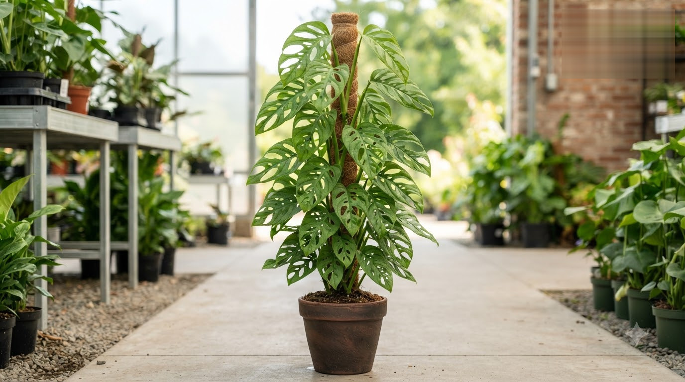 Monstera plant with fenestrated leaves climbing a coir pole inside a terracotta pot.