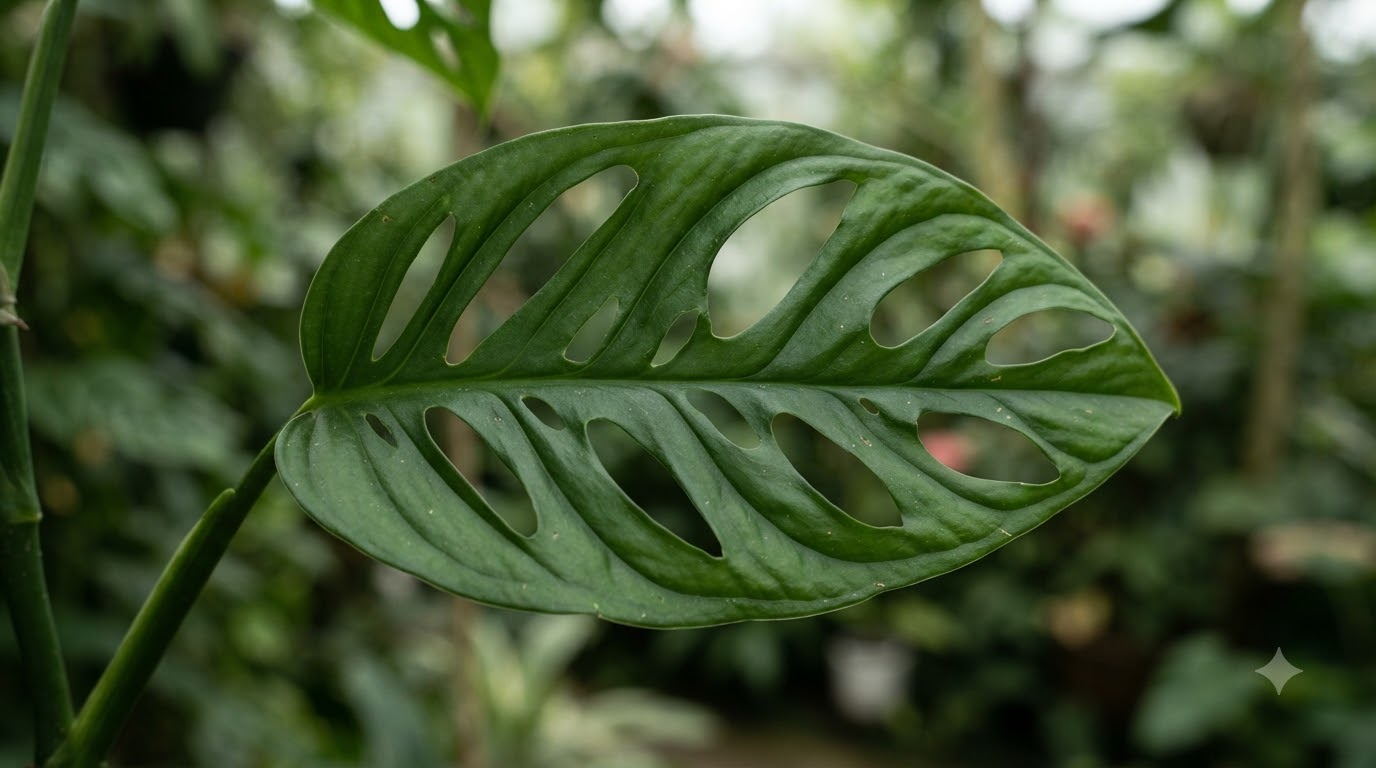 Close-up of a vibrant green Monstera leaf featuring its signature natural fenestrations against a blurred background.