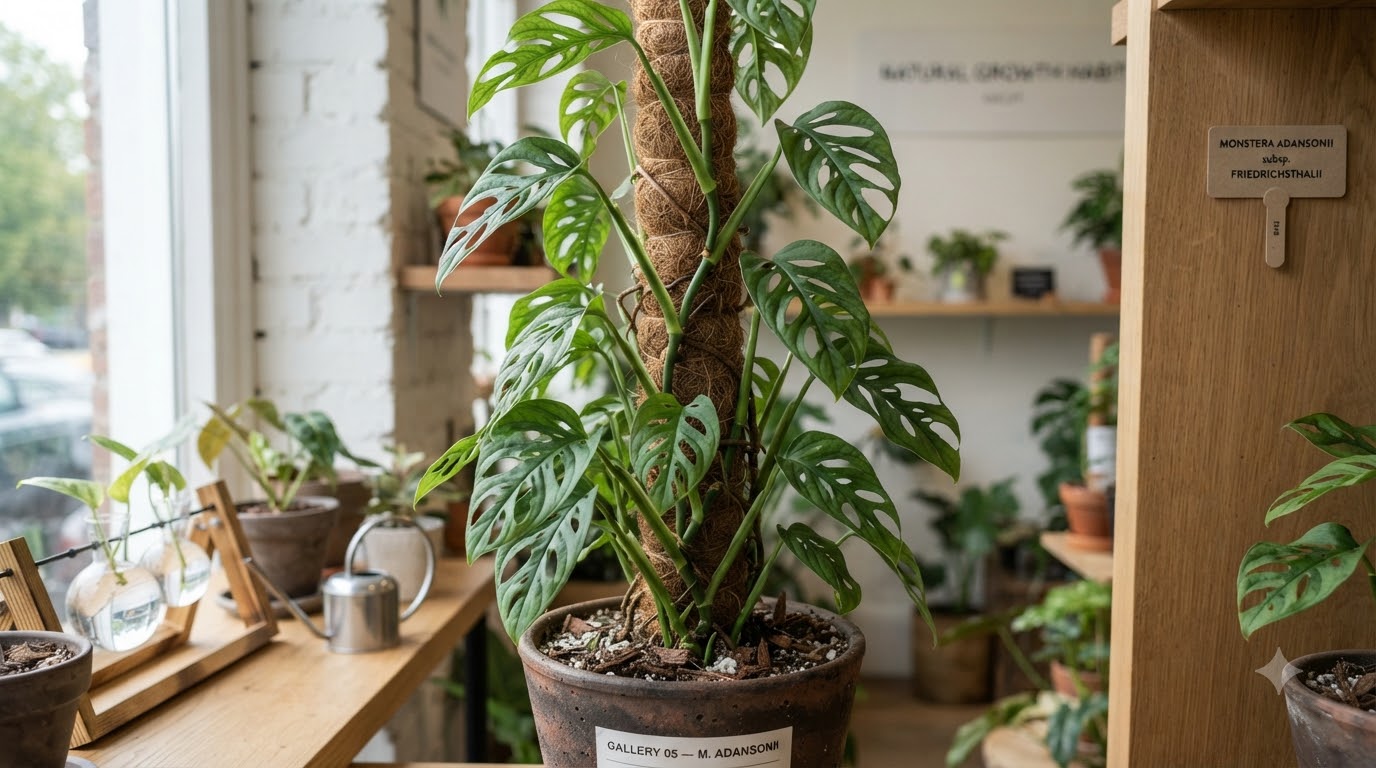Monstera adansonii climbing a moss pole in a terracotta pot inside a plant shop.