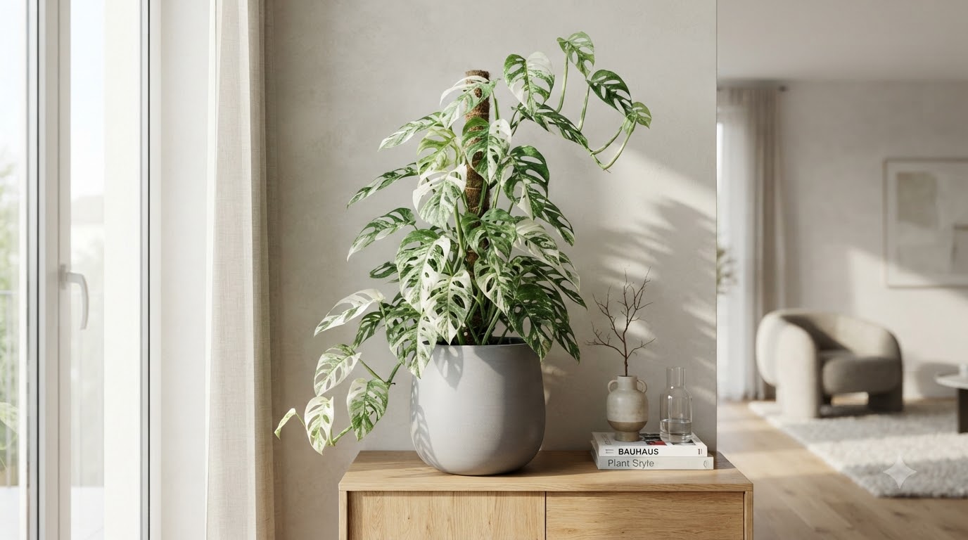 Variegated Monstera plant in a grey pot on a wooden cabinet, with books and a vase beside it.