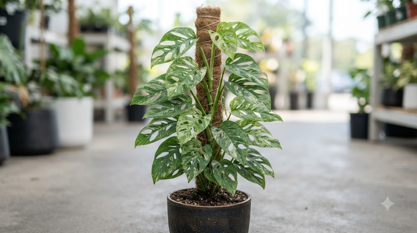 Variegated Monstera climbing a coir totem pole in a dark pot