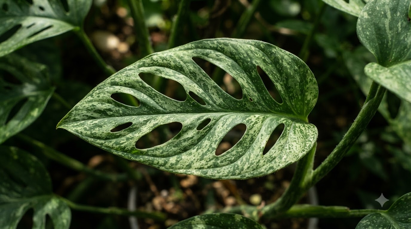Variegated Monstera leaf with natural fenestrations and speckled green patterns.