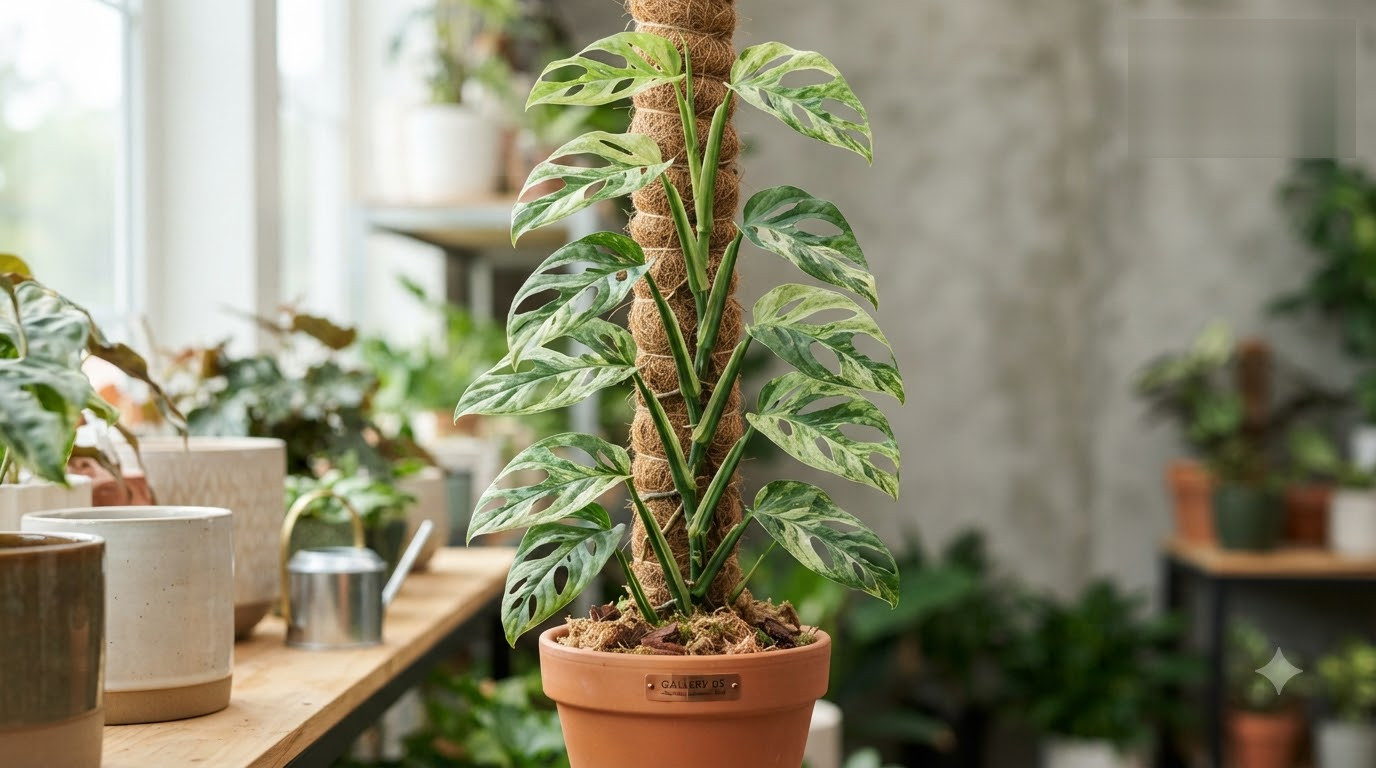 Variegated Monstera climbing up a coir totem pole in a terracotta pot