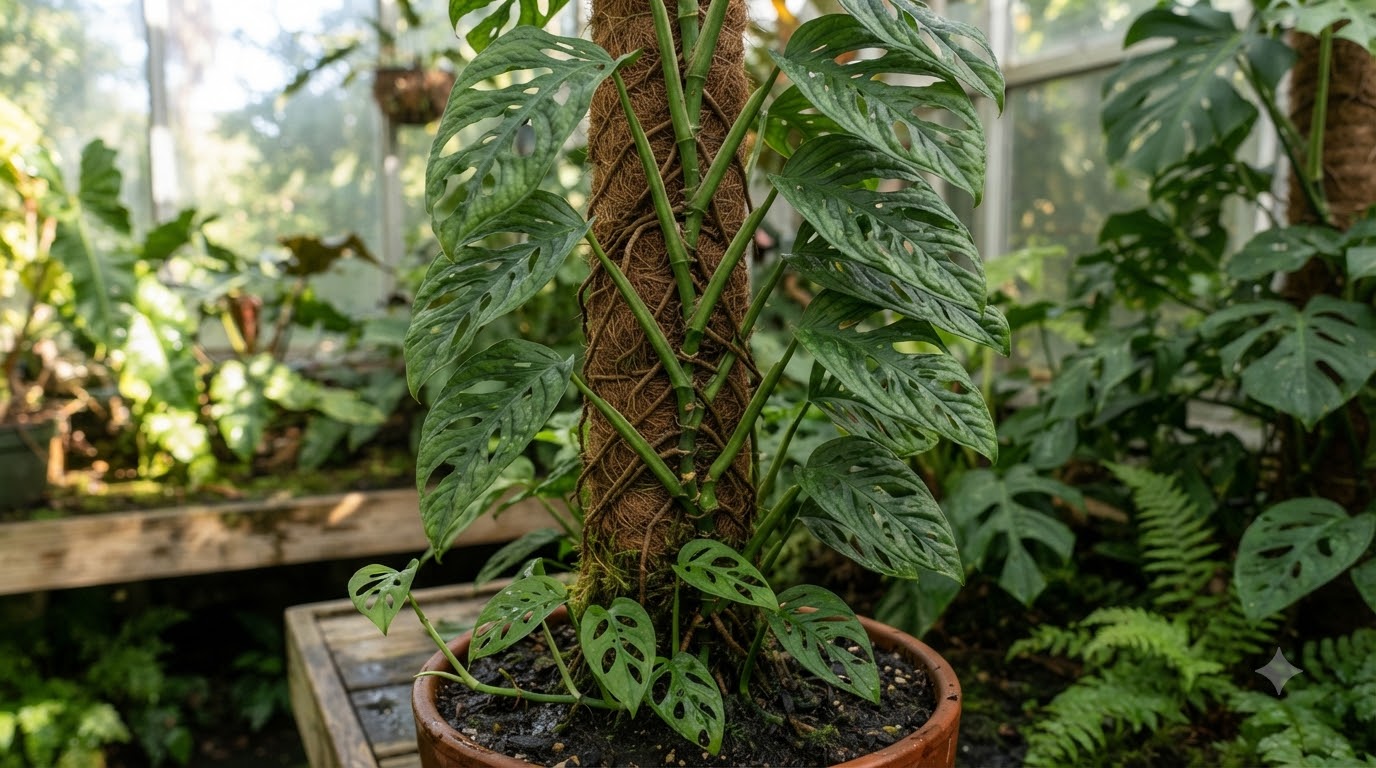 Monstera plant with distinctive fenestrated leaves climbing a coir totem pole in a pot.