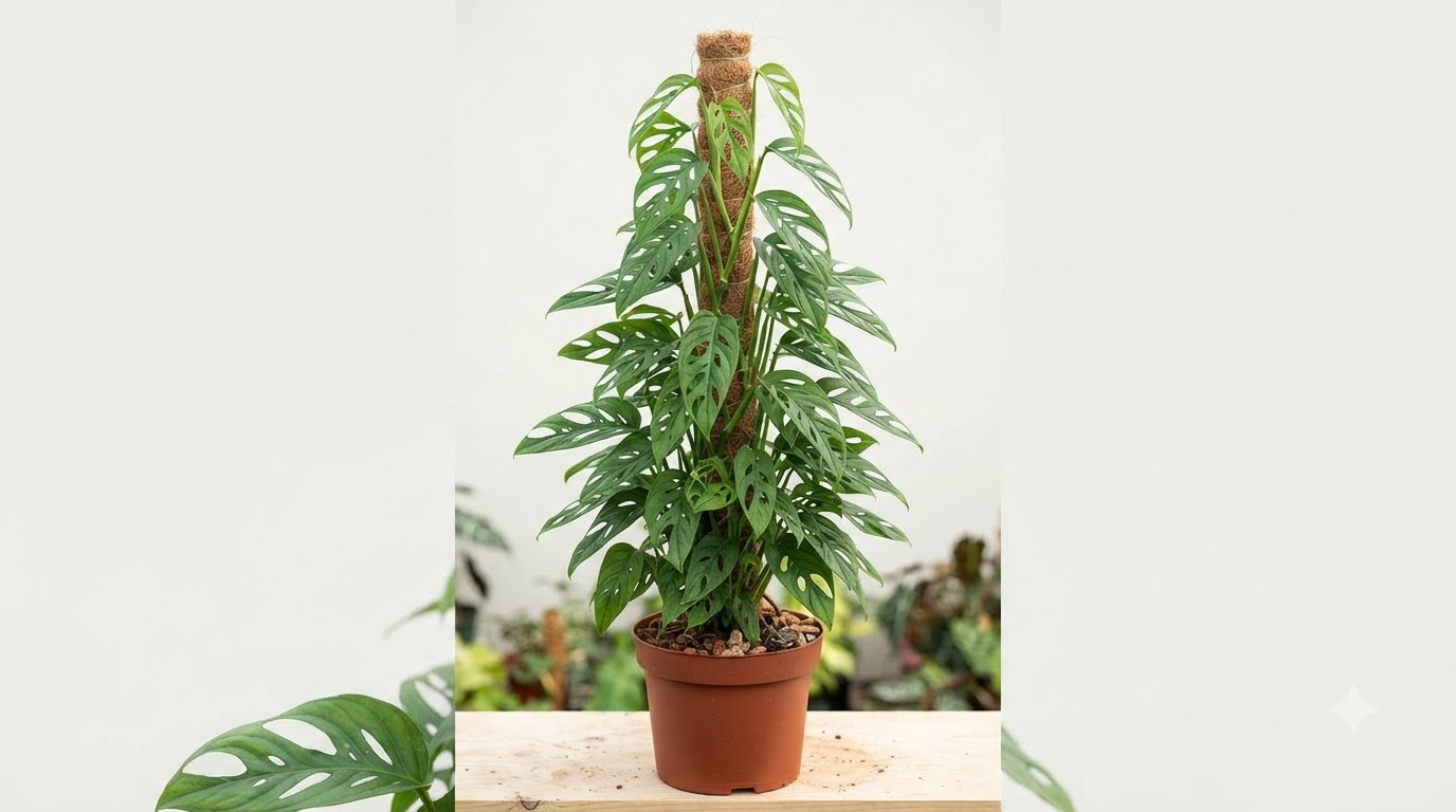 Monstera plant with fenestrated leaves climbing a coir totem pole in a pot.