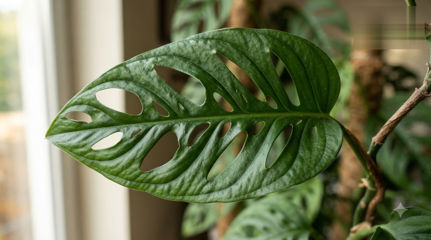 Close-up of a green Monstera leaf with natural fenestrations and textured surface.