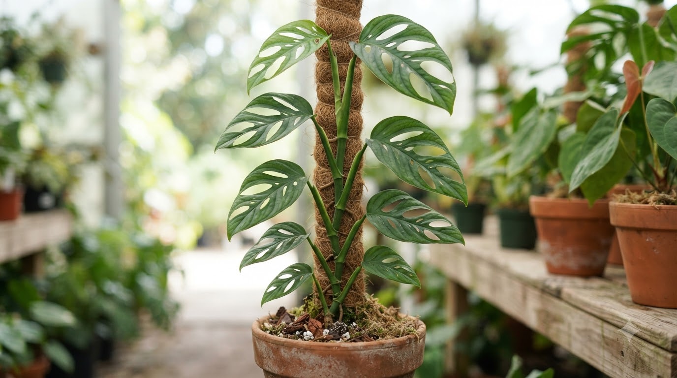 Monstera plant with fenestrated leaves climbing a coir moss pole in a terracotta pot.