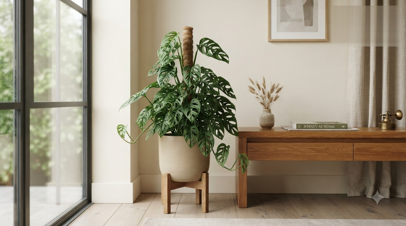 Monstera plant with a moss pole in a ceramic pot on a wooden stand in a modern living room.