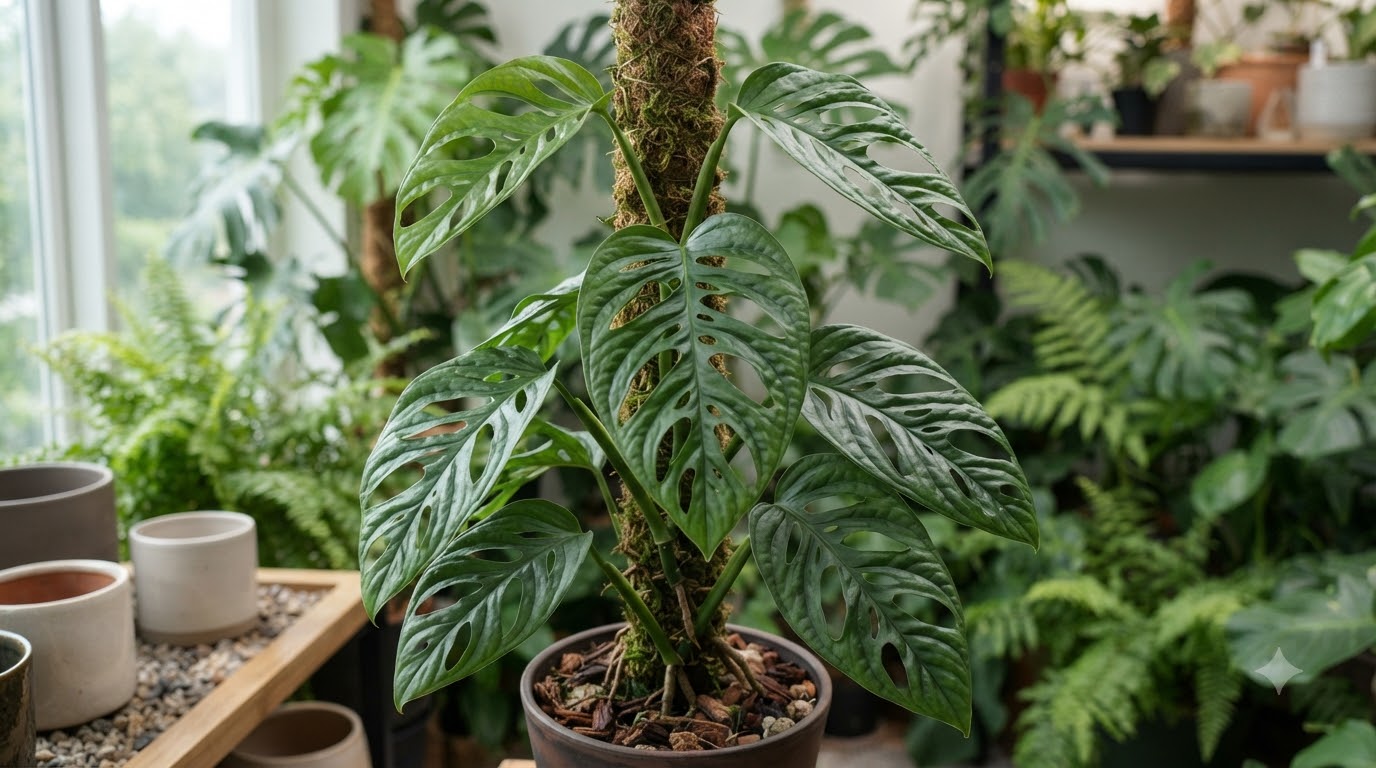 Monstera plant with fenestrated leaves climbing a moss pole in a pot.