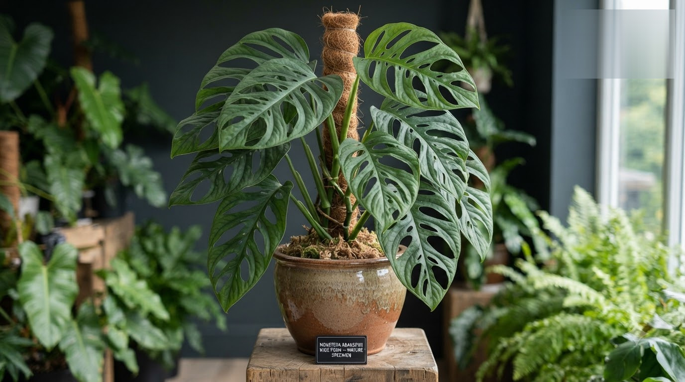 Monstera plant with fenestrated leaves growing up a coir totem in a glazed pot on a wooden stand.