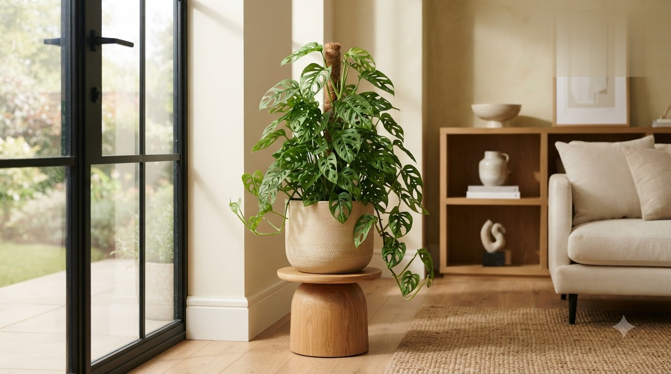 Monstera plant in a ceramic pot on a wooden stool indoors.