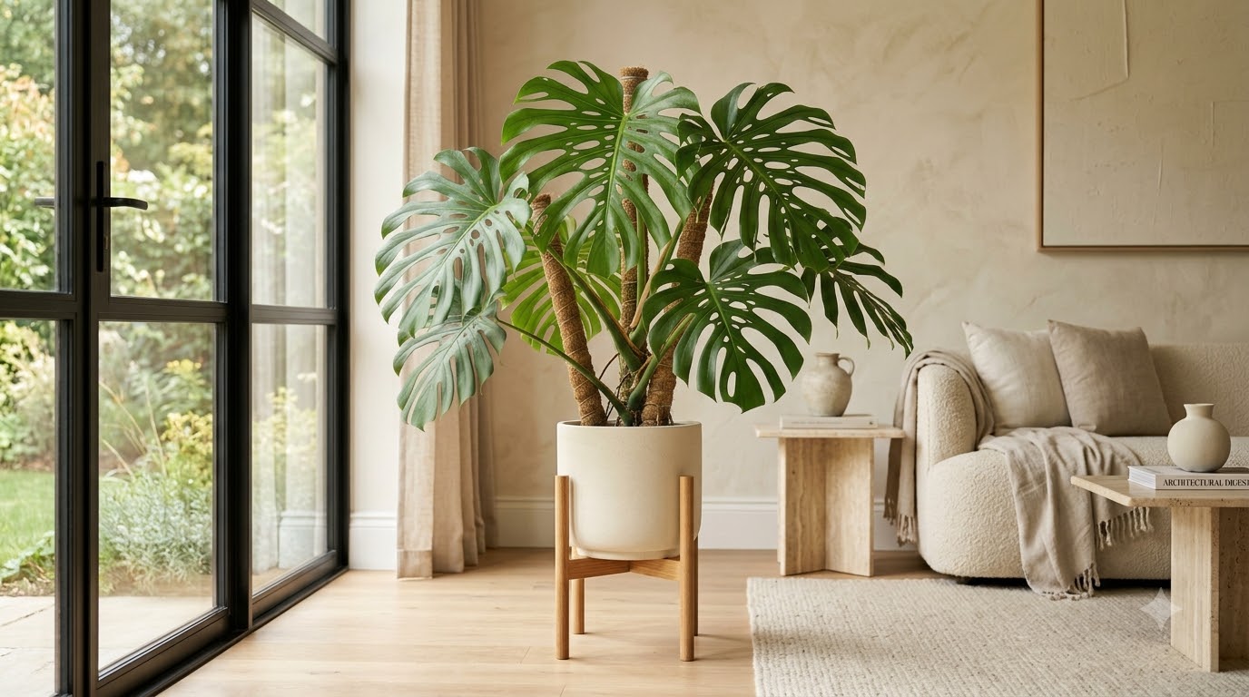 Large potted Monstera plant with split leaves supported by moss poles, in a bright modern living room.