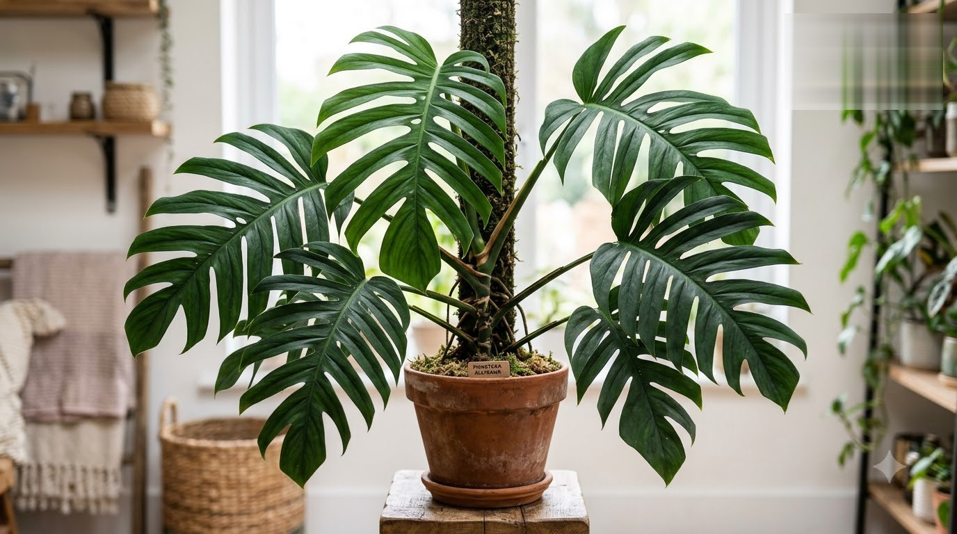Large Monstera plant with split leaves climbing a moss pole in a terracotta pot on a wooden stool.