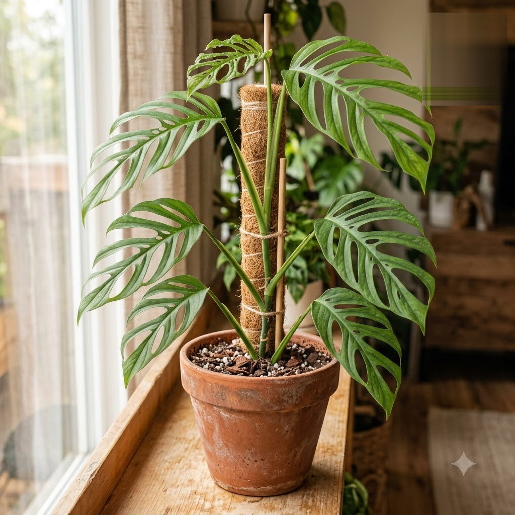 Monstera alcirana in a terracotta pot climbing a moss pole by a bright window.