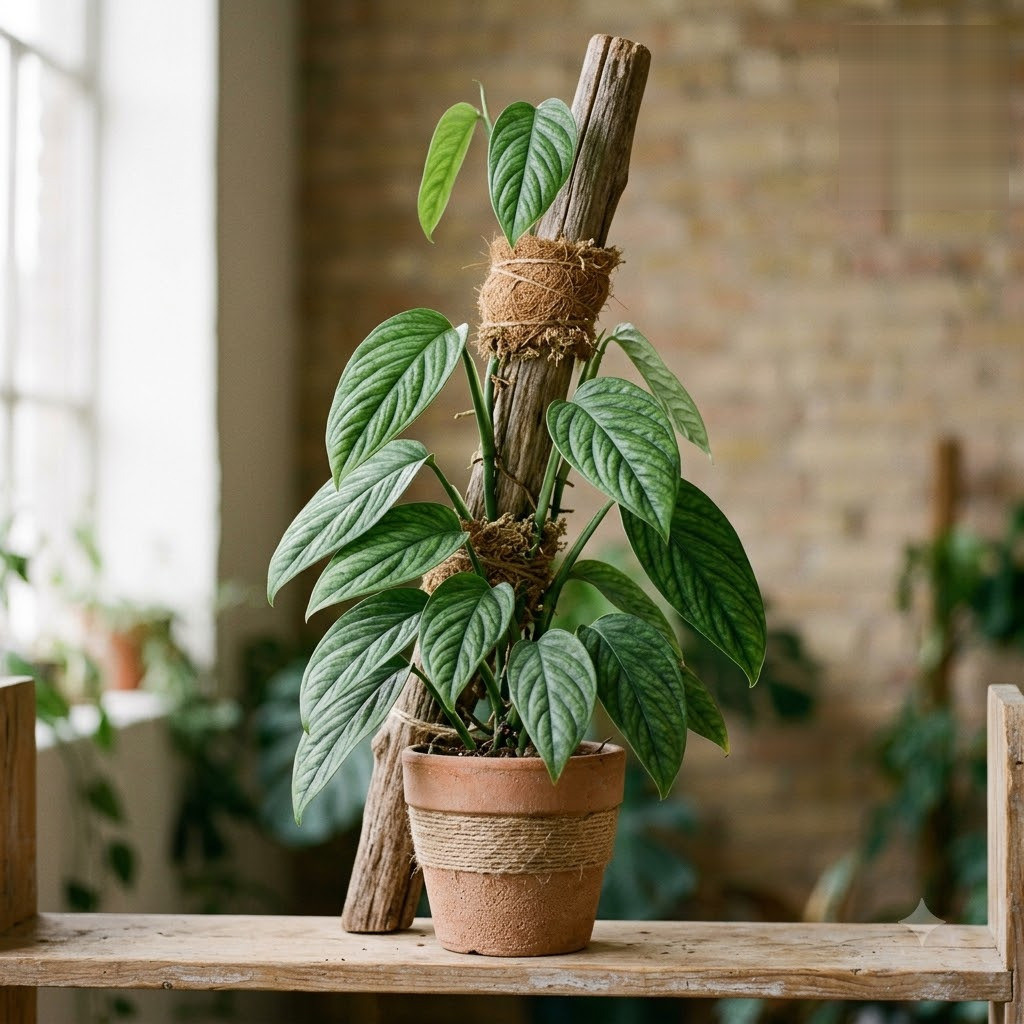 Monstera alfaroi climbing a wooden pole in a terracotta pot on a wooden shelf.