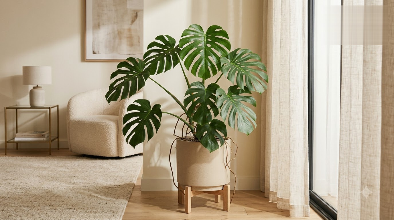 Large Swiss cheese plant in a neutral pot with wooden stand inside a sunlit room.