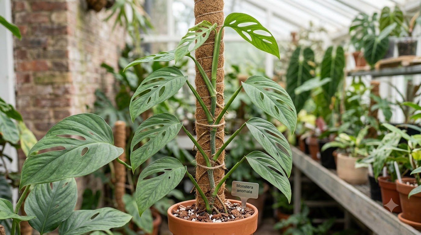 Monstera climbing a coir totem pole in a potted plant inside a greenhouse.