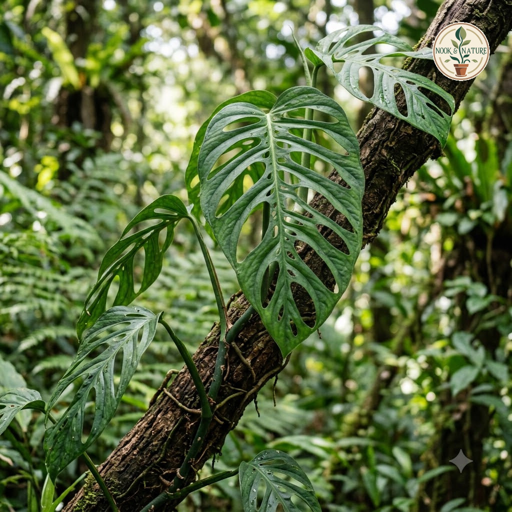 Monstera anomala climbing a tree trunk with fenestrated leaves in a forest.