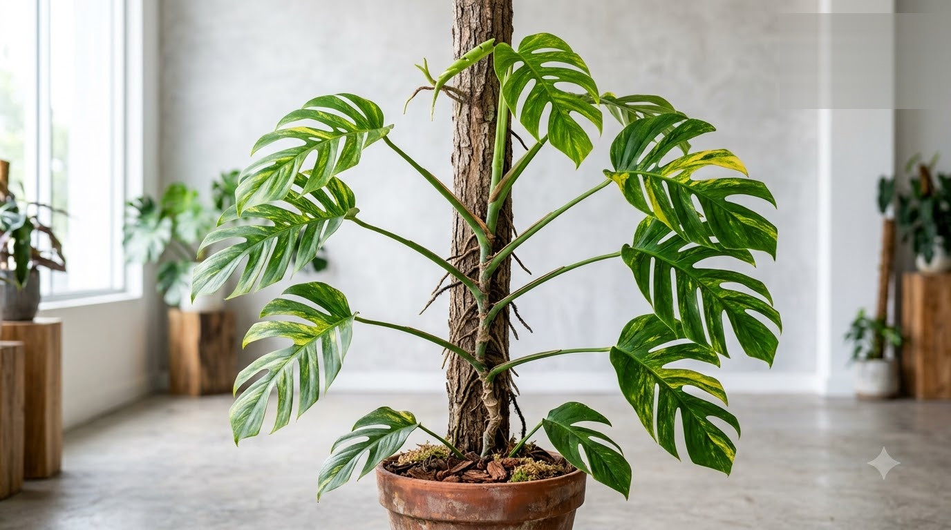 Monstera plant climbing a moss pole in a terracotta pot inside a bright room.