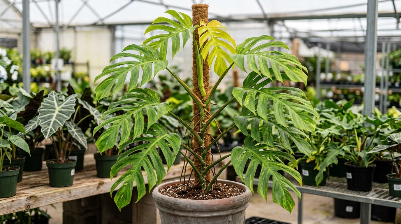 Monstera plant climbing a coir pole in a potted pot inside a greenhouse.