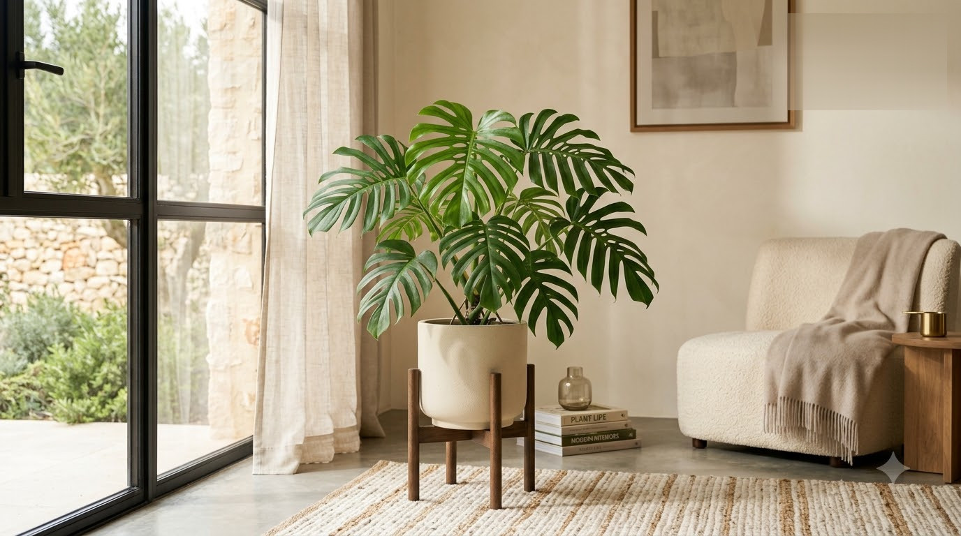 Monstera plant in a ceramic pot on a wooden stand in a sunlit living room.