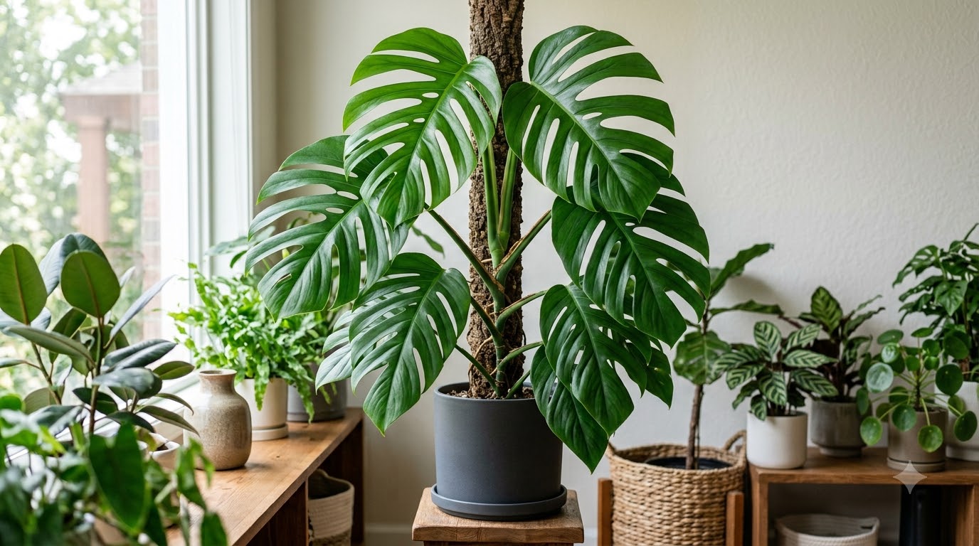 Monstera plant with large split leaves climbing a moss pole in a dark pot.