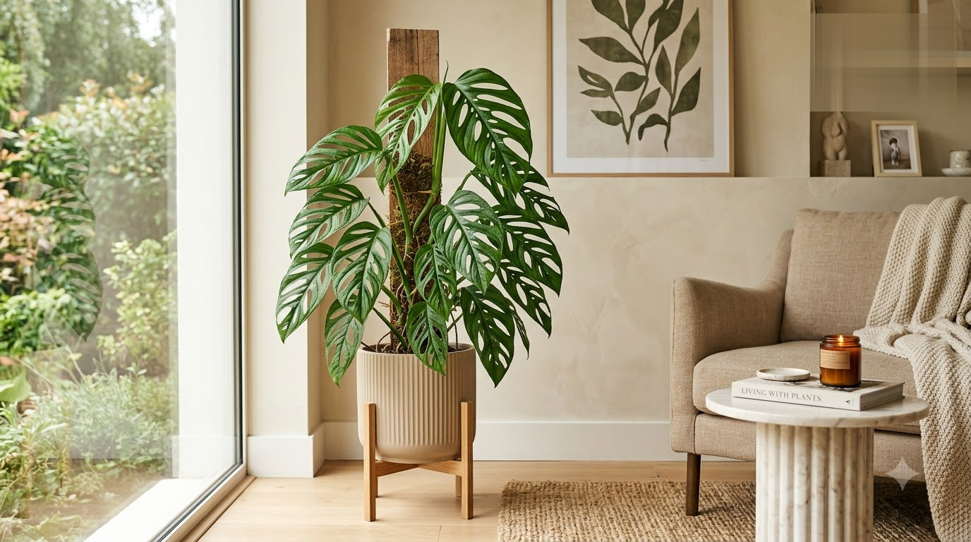 Monstera plant with fenestrated leaves supported by a moss pole in a ribbed planter with a wooden stand.