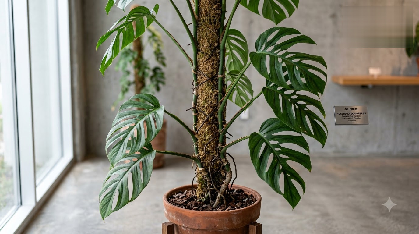 Monstera plant climbing a moss pole in a terracotta pot inside a modern room.
