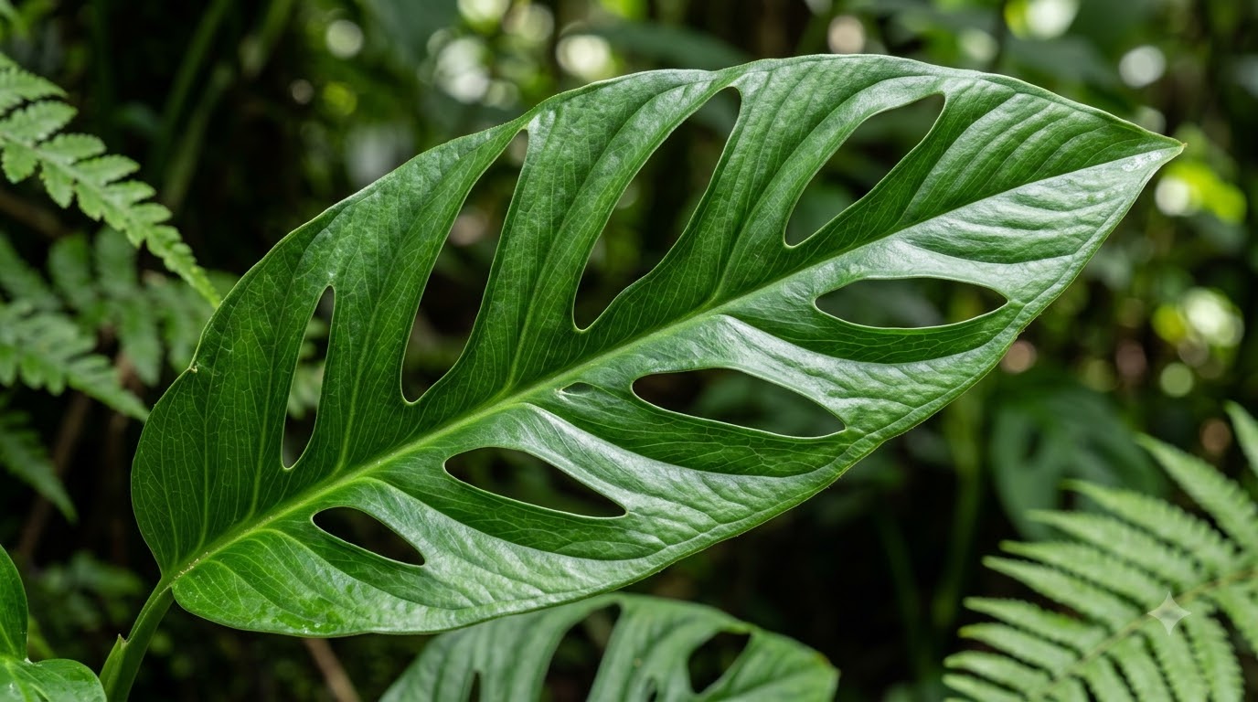 Close-up of a large, fenestrated green tropical leaf with natural leaf holes and detailed veins against a blurred jungle