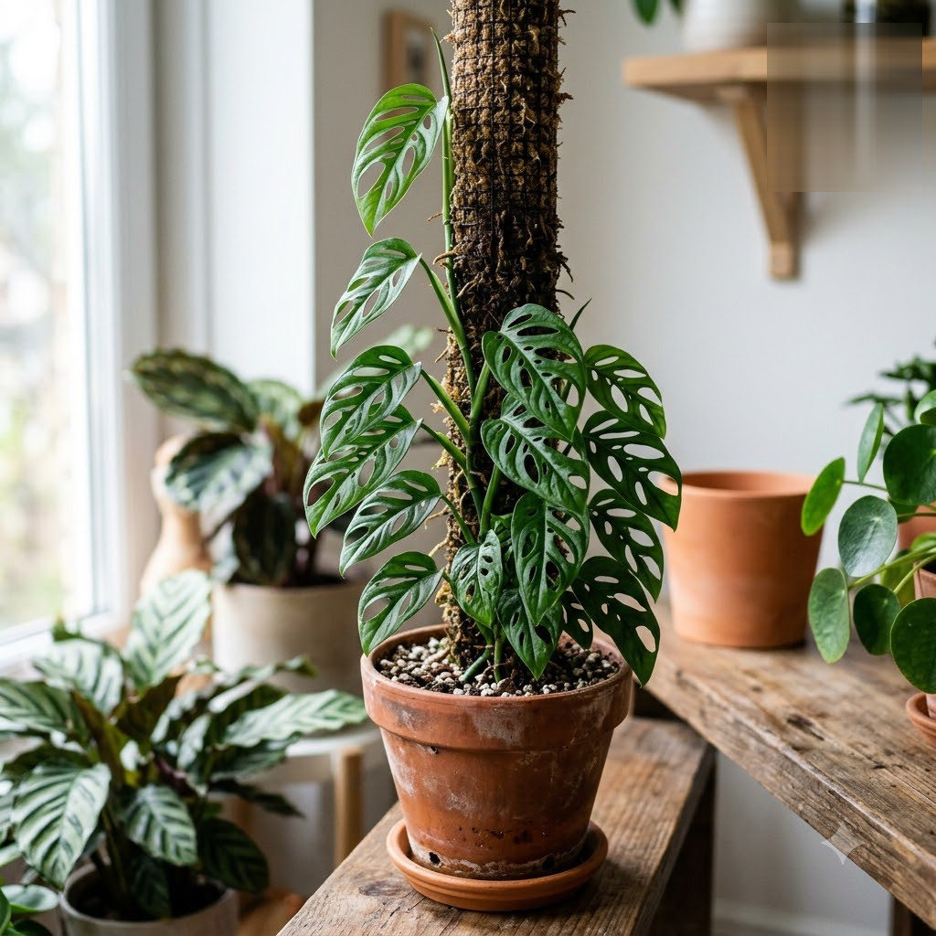 Monstera bocatorensis climbing a moss pole in a terracotta pot indoors.